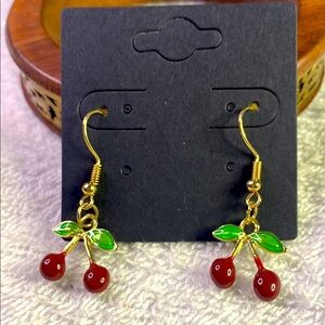 Cherry Drop Earrings in Red and Gold Fish Hooks